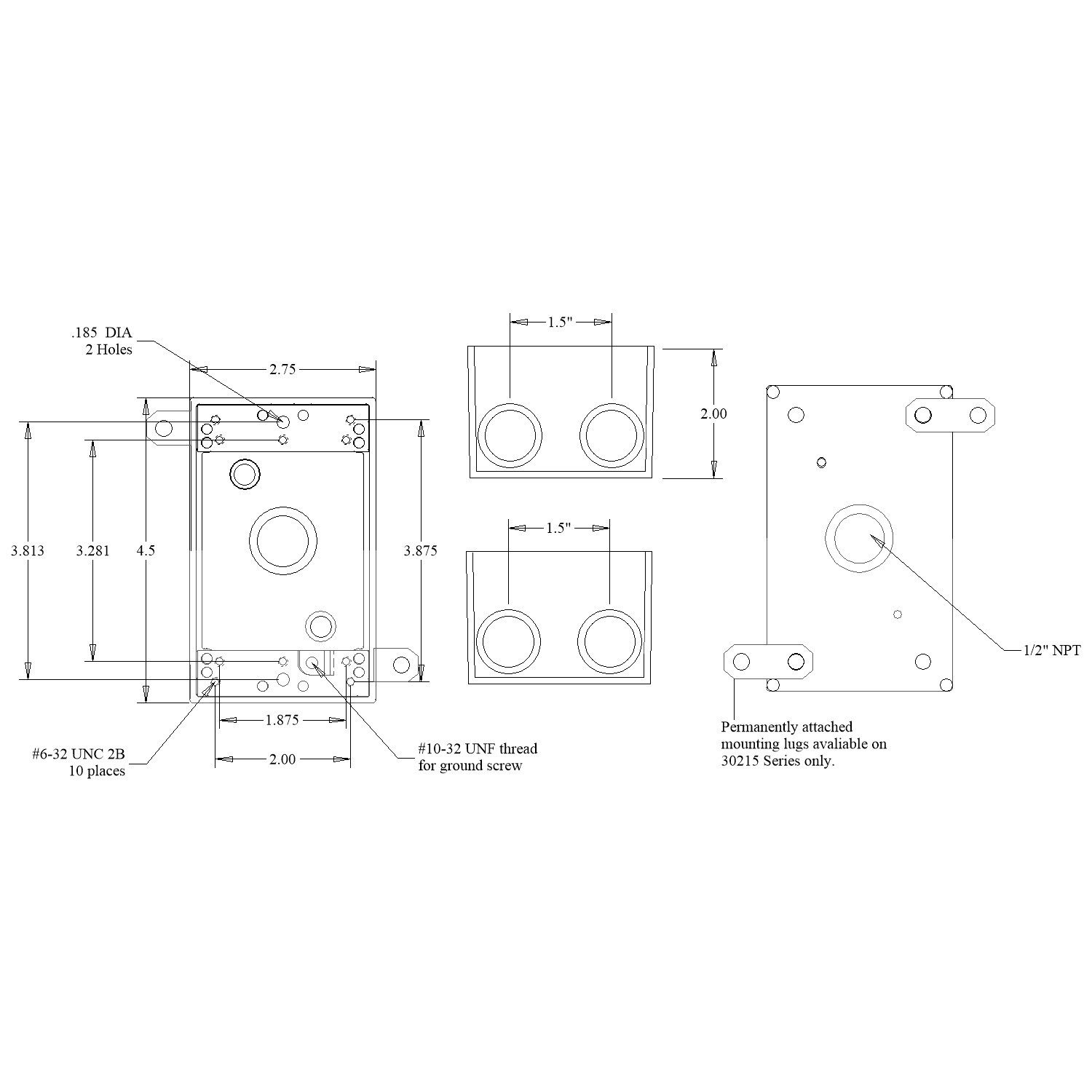 Product image for Mulberry 30213Z 1-Gang Weatherproof Box no Lugs, (5) 1/2" Hubs (2 ea. end, 1 in back), 2" Deep, Die-Cast Aluminum, 18cu.in, Bronze