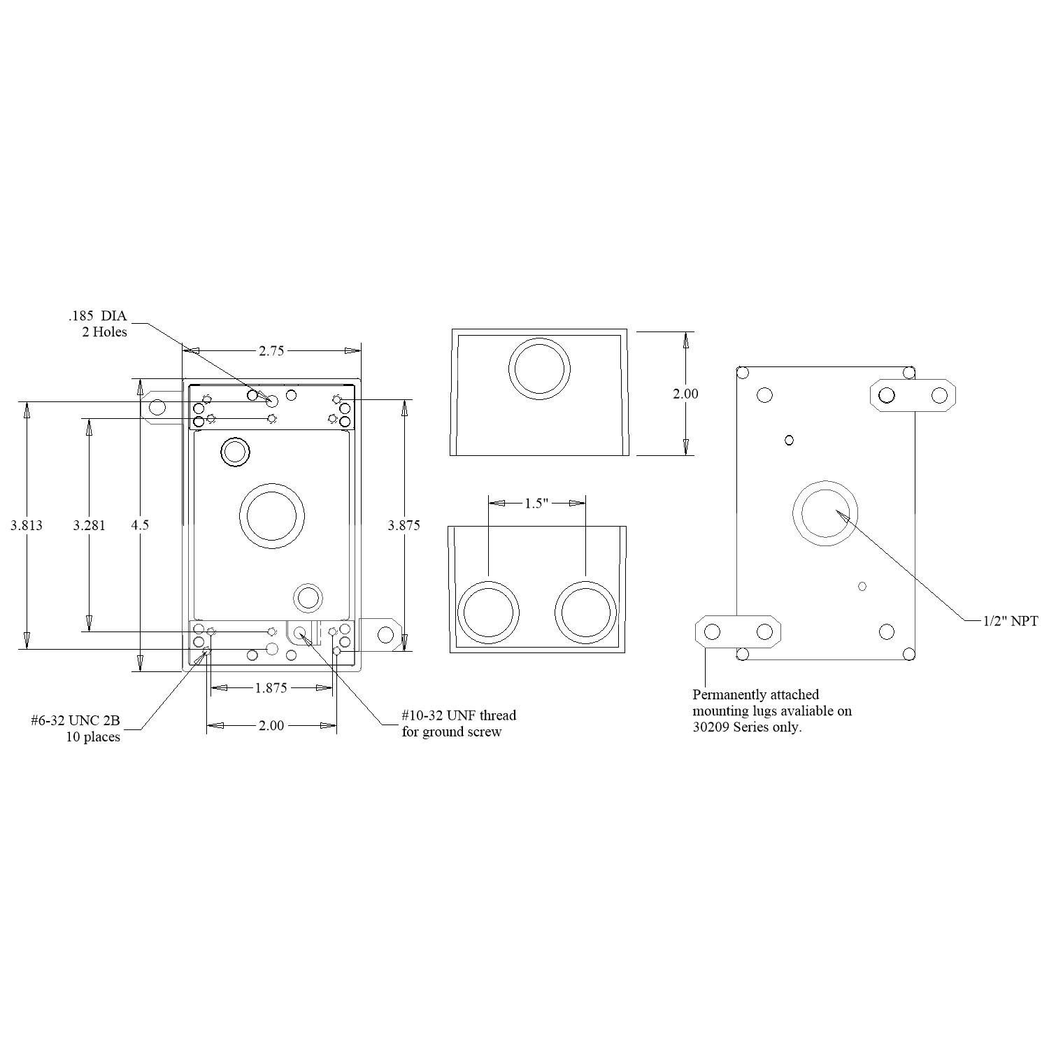 Product image for Mulberry 30209W 1-Gang Weatherproof Box w/Lugs, (4) 1/2" Hubs, 2" Deep, Die-Cast Aluminum, 18cu.in, White