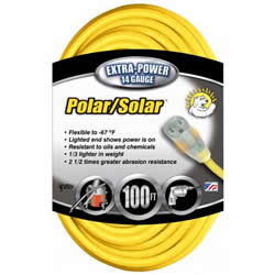 Product image for COLEMAN 01489 100FOOT 14/3SJEOW-A YELLOW POLAR/SOLAR ALL WEATHER EXTENSION CORD LIGHTED END