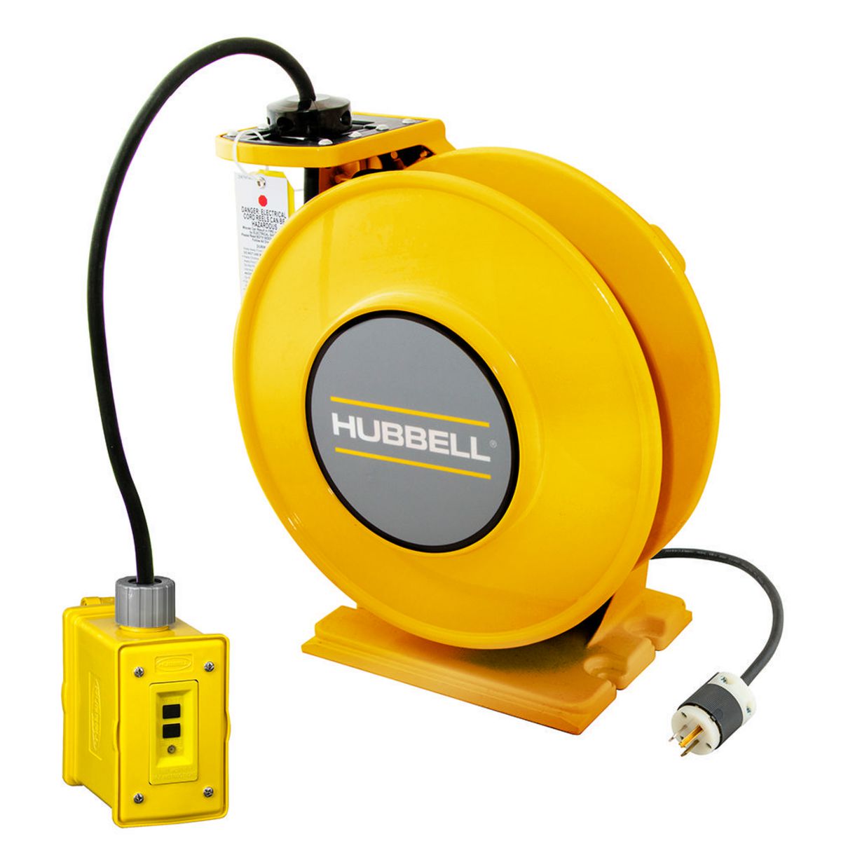 Hubbell HBLI25123GF20Y Yellow Industrial Reel with Yellow Portable Outlet Box, GFCI Module and (1) 20A Duplex Receptacle, UL Type 1, 25 Ft, #12/3 SJO, 20 A, 125 VAC