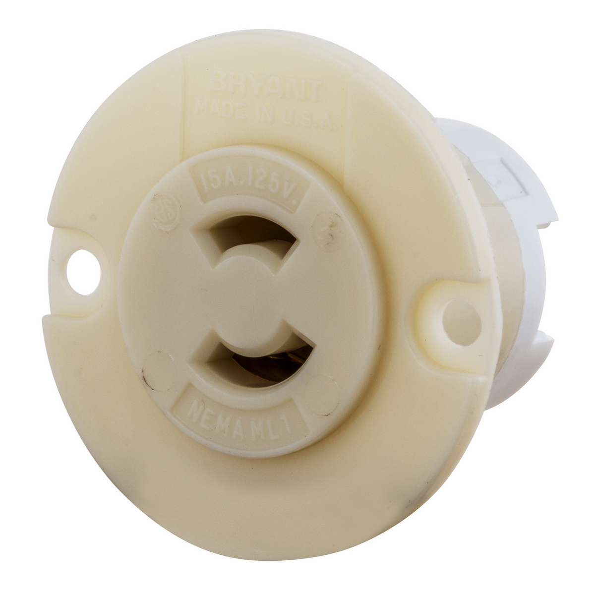 Bryant 7468N Locking Devices, Bryant Midget Locking, Industrial, Flanged Receptacle, 15A 125V, 2-Pole 2-Wire Non Grounding, ML-1R, Screw Terminal, Black