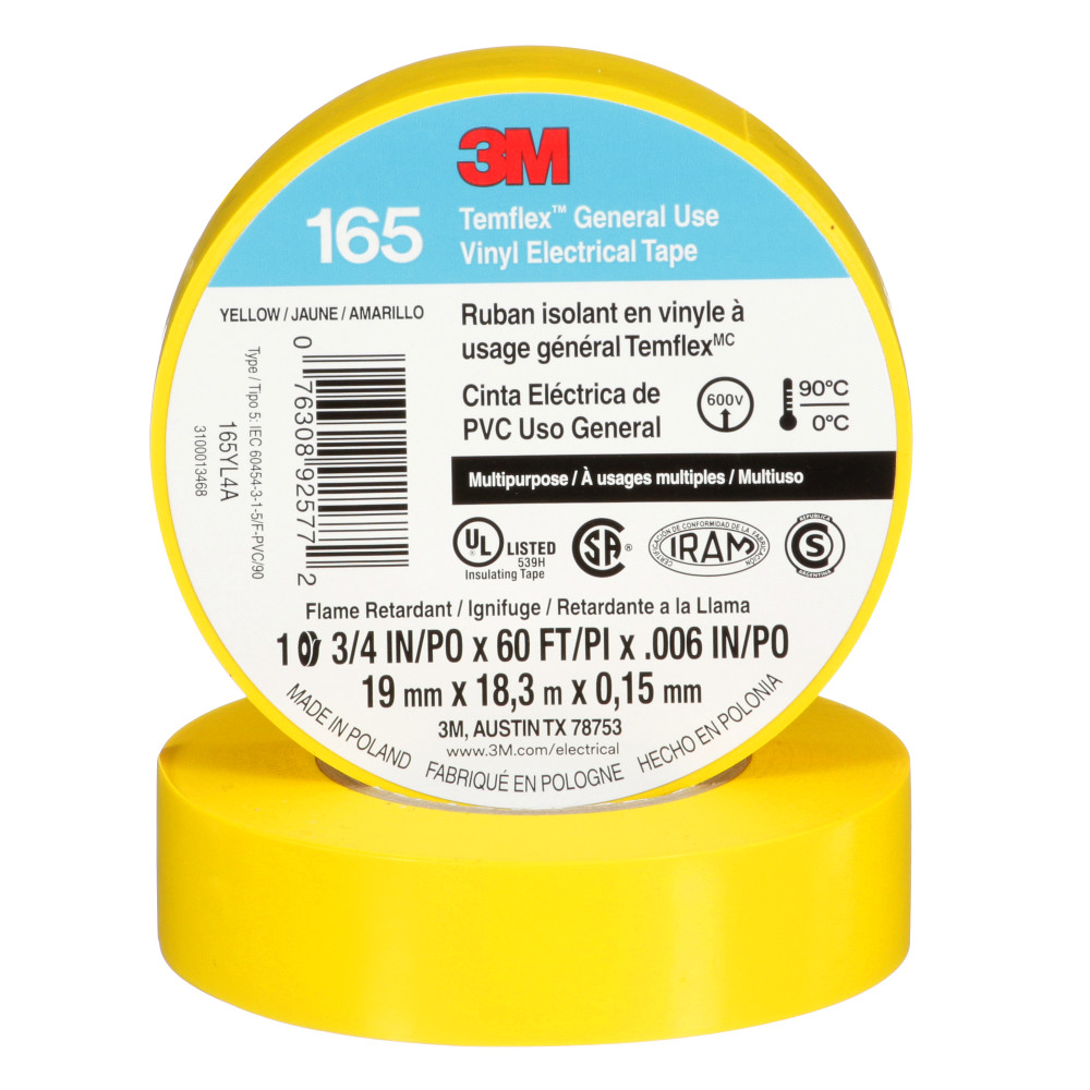 3M 165YL4A 3M Temflex Vinyl Electrical Tape 165, Yellow, 3/4 in x 60 ft (19 mm x 18 m), 6 mil, 100 Rolls/Case