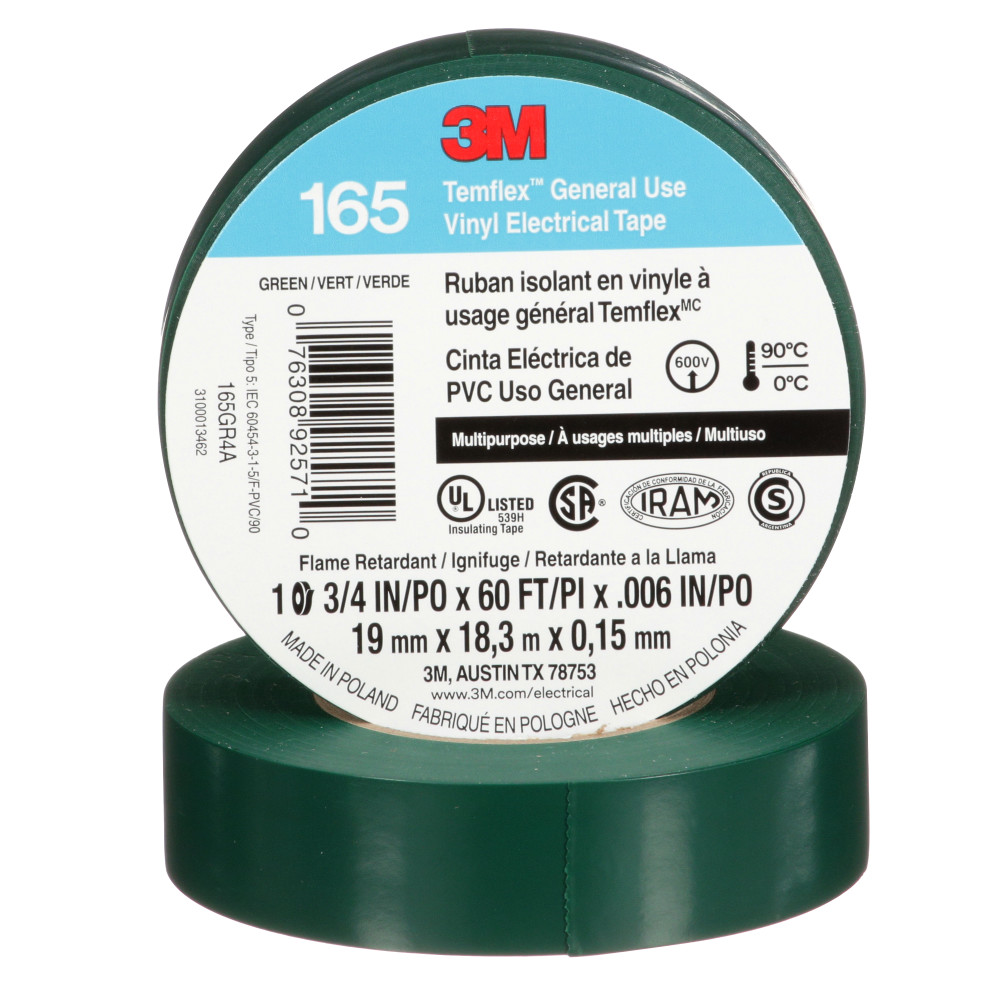 3M 165GR4A 3M Temflex Vinyl Electrical Tape 165, Green, 3/4 in x 60 ft (19 mm x 18 m), 6 mil, 100 Rolls/Case