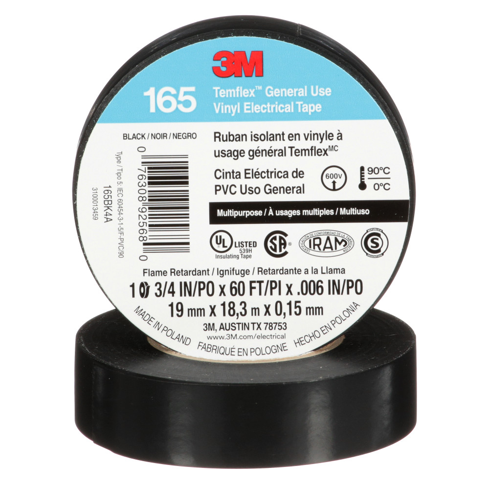 3M 165BK4A 3M Temflex Vinyl Electrical Tape 165, Black, 3/4 in x 60 ft (19 mm x 18 m), 6 mil, 100 Rolls/Case