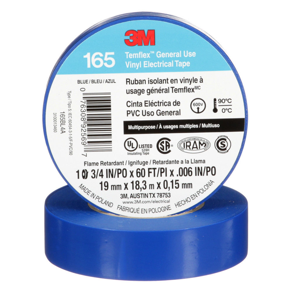 3M 165BL4A 3M Temflex Vinyl Electrical Tape 165, Blue, 3/4 in x 60 ft (19 mm x 18 m), 6 mil, 100 Rolls/Case