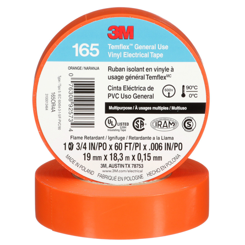 3M 165OR4A 3M Temflex Vinyl Electrical Tape 165, Orange, 3/4 in x 60 ft (19 mm x 18 m), 6 mil, 100 Rolls/Case