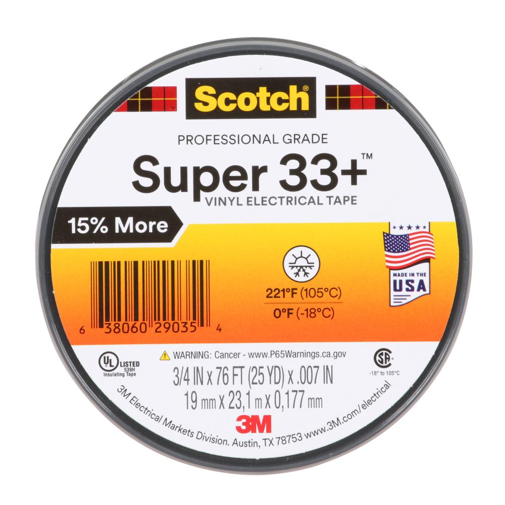 3M 33+-3/4X76FT-1 Scotch Super 33+ Vinyl Electrical Tape, 3/4 in x 76 ft, 1 in Core, Black, 10 rolls/carton, 100 rolls/Case