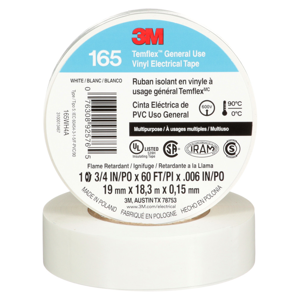 3M 165WH4A 3M Temflex Vinyl Electrical Tape 165, White, 3/4 in x 60 ft (19 mm x 18 m), 6 mil, 100 Rolls/Case