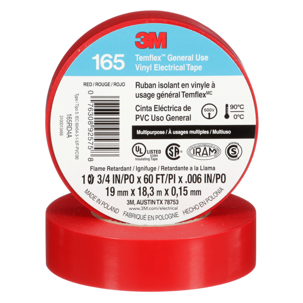 3M 165RD4A 3M Temflex Vinyl Electrical Tape 165, Red, 3/4 in x 60 ft (19 mm x 18 m), 6 mil, 100 Rolls/Case