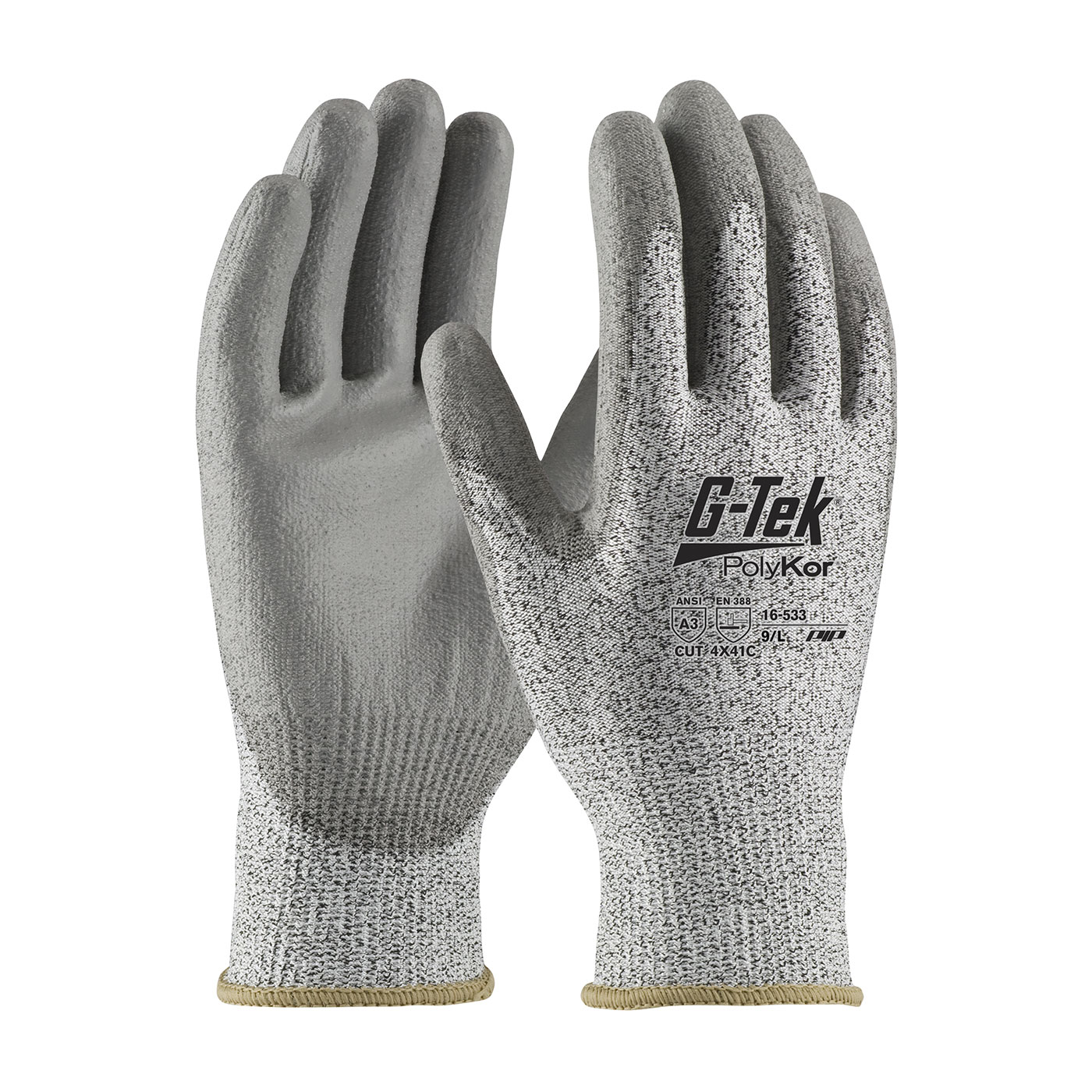 G-Tek 16-533/XL Industry Grade Seamless Knit PolyKor Blended Glove with Polyurethane Coated Flat Grip on Palm & Fingers - Bulk Pack, Salt & Pepper, XL