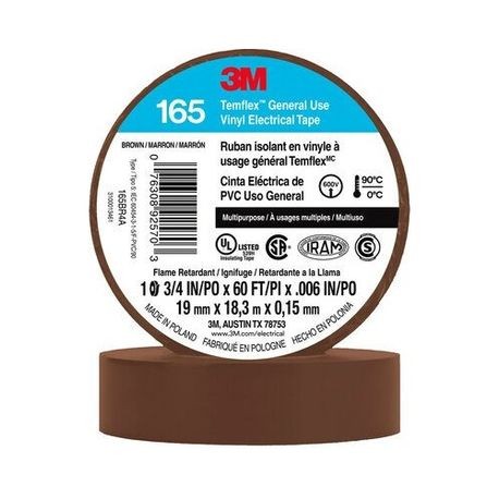 3M 165BR4A 3M Temflex Vinyl Electrical Tape 165, Brown, 3/4 in x 60 ft (19 mm x 18 m), 6 mil, 100 Rolls/Case