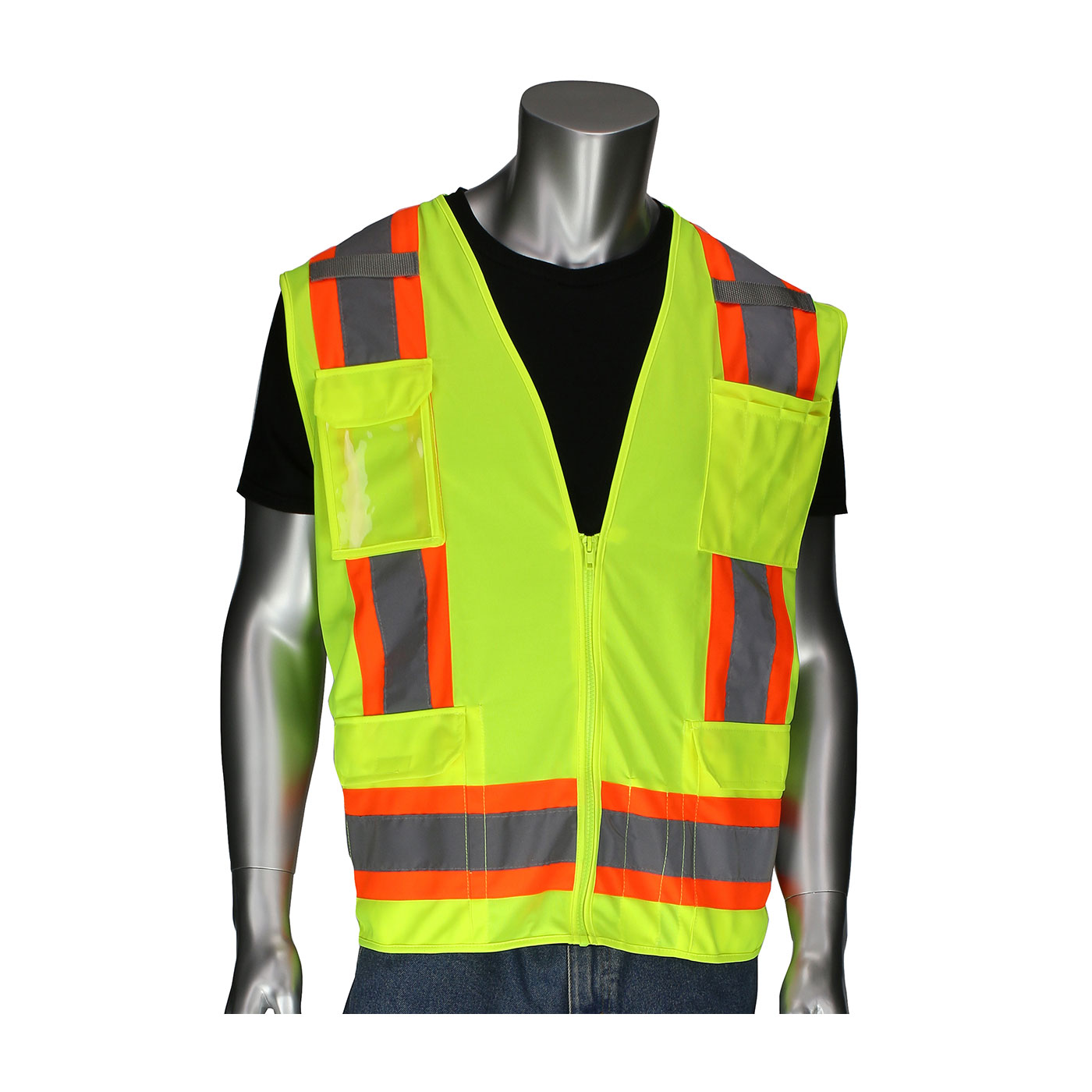 PIP 302-0500D-LY/XL ANSI Type R Class 2 Two-Tone Eleven Pocket Surveyors Vest with Solid Front, Mesh Back and "D" Ring Access, Hi-Vis Yellow, XL