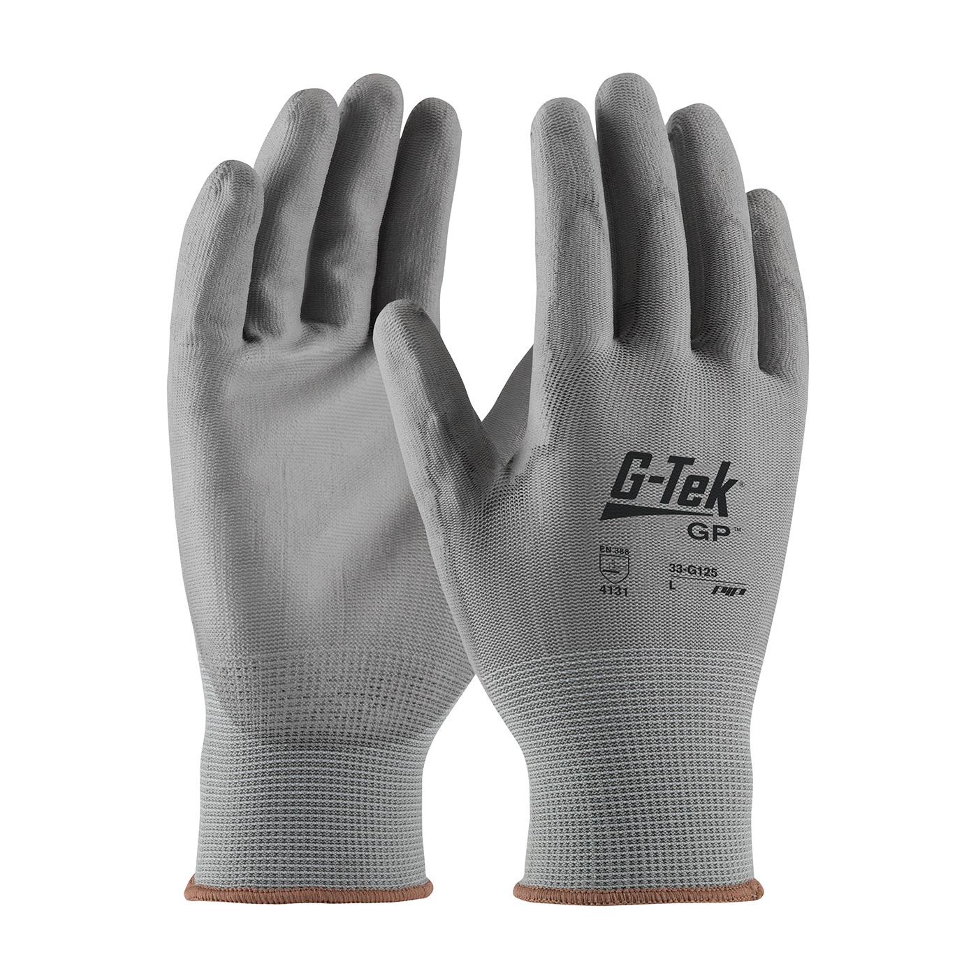 G-Tek 33-G125/L Seamless Knit Nylon Blend Glove with Polyurethane Coated Flat Grip on Palm & Fingers, Gray, L