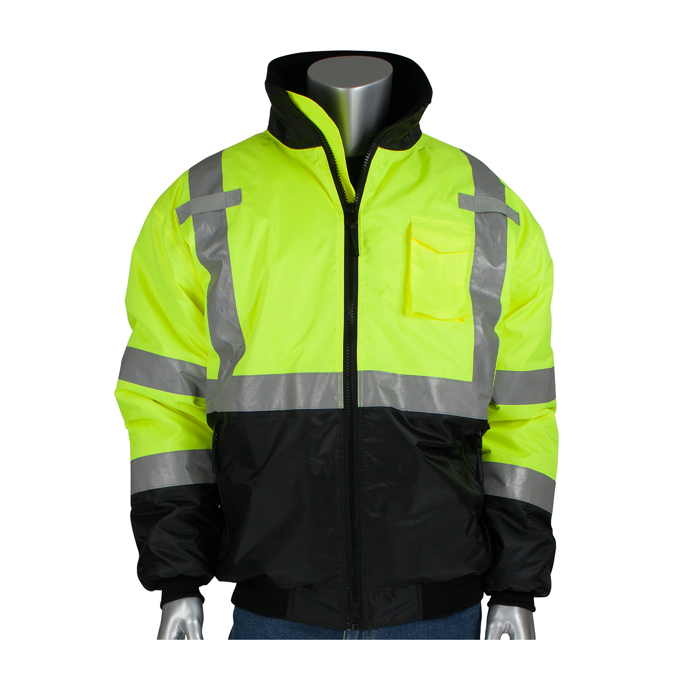 PIP 333-1740-LY/2X ANSI Type R Class 3 Value Black Bottom Bomber Jacket, Hi-Vis Yellow, 2XL