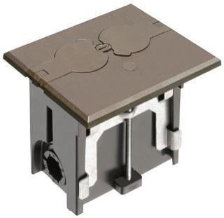 Arlington FLBAF101BR Non Metallic adjustable floor box. Brown with flip lids. Includes tamper resistant duplex receptacle, cover plate with gasket and Arlington NM94 connector and Arlington NM900 knockout plug.