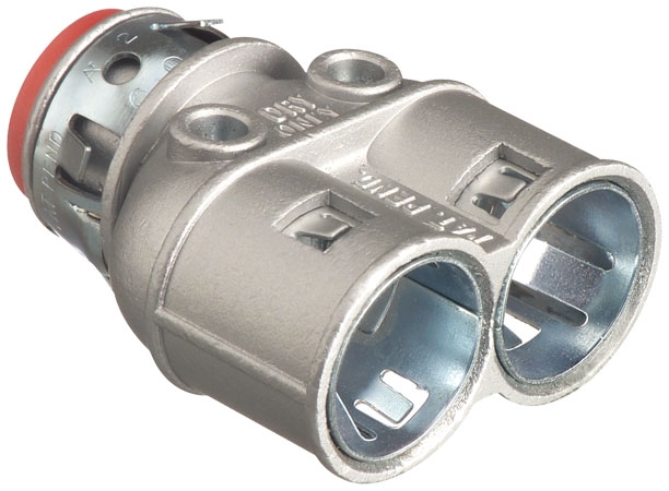 Arlington 3838AST Duplex zinc die-cast, 3/8" Knockout MC cable connector snaps quickly on to the conduit with an internal spring steel clip and then snaps into knockout with an external spring steel clip, no tools required. Concrete tight when taped. Provided with insulated throat.