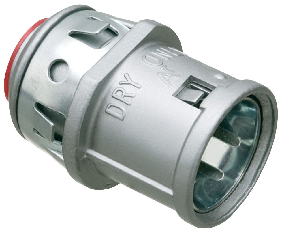 Arlington 38AST Zinc die-cast, 1/2" Knockout MC cable connector snaps quickly on to the conduit with an internal spring steel clip and then snaps into knockout with an external spring steel clip, no tools required. Concrete tight when taped. Provided with insulated throat.
