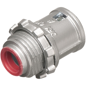 Arlington 38A Zinc die-cast, 1/2" Knockout MC cable connector snaps quickly on to the conduit with an internal spring steel clip and then secures into knockout with locknut, no tools required. Concrete tight when taped. Provided with insulated throat.