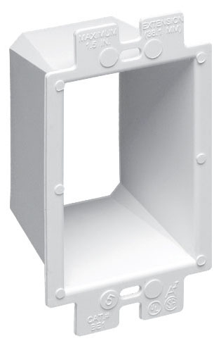 Arlington BE1 Box Extender, levels and supports the wiring device where the box is set back from the wall surface extends the box up to an 1-1/2. 2 hour fire rating. Single Gang.