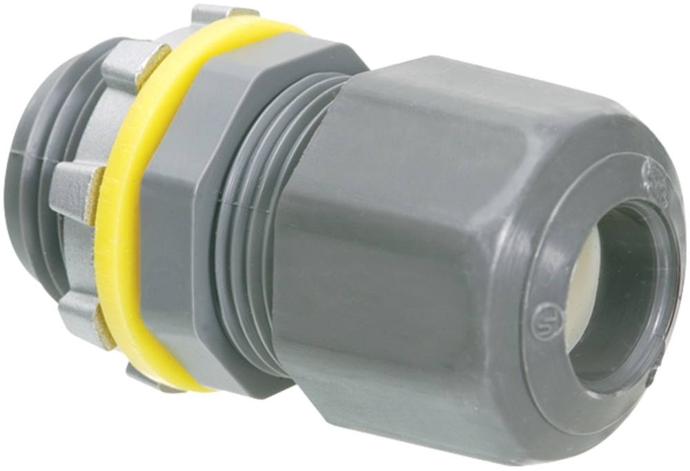 Arlington LPCG503 Low-profile non-metallic, liquid-tight, oil-tight, and gray strain relief cord connector furnished with a sealing ring and locknut. Supports .100 to .300 cord range with a 1/2 inch trade size.