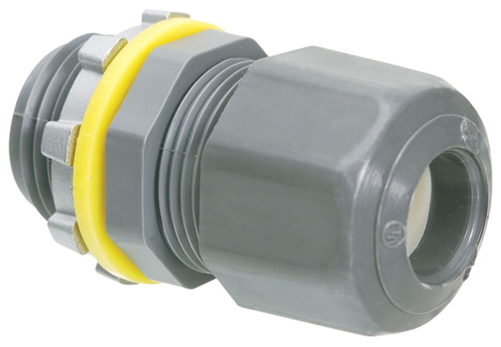 Arlington LPCG50 Low-profile non-metallic, liquid-tight, oil-tight, and gray strain relief cord connector furnished with a sealing ring and locknut. Supports .200 to .472 cord range with a 1/2 inch trade size.