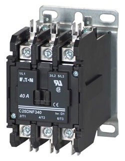 Eaton C25DNF240A Eaton definite purpose contactor, Mounting plate, Quick, Quick connect , 110-120 Vac, 48 Vdc, Open with metal mounting plate, 15-50A, two- and 3P, 40A, Contactor, Two-pole, Global listed, D1, Box lugs (posidrive setscrew), Non-reversing