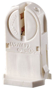 Leviton 13654-TWP Linear fluorescent lampholder; T5 miniature bi-pin twist-in with lamp-lock. Tall profile, snap-in mounting foot with post; 120W-600V