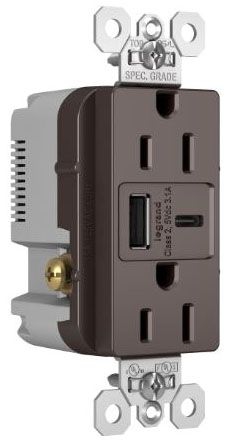 Pass & Seymour TR15USBAC 15A 125V Tamper-Resistant Duplex Receptacle with USB A/C Charging Ports, Brown