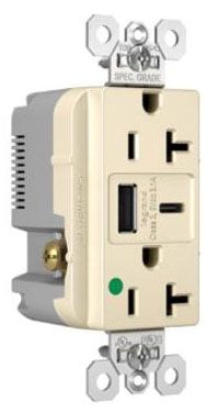 Pass & Seymour TR20HUSBACLA 20A 125V Hospital-Grade Tamper-Resistant Receptacle with USB A/C Charging Ports, Light Almond