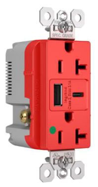 Pass & Seymour TR20HUSBACRED 20A 125V Hospital-Grade Tamper-Resistant Receptacle with USB A/C Charging Ports, Red