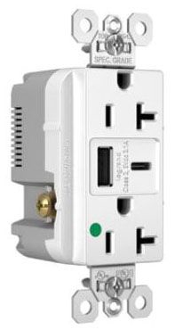 Pass & Seymour TR20HUSBACW 20A 125V Hospital-Grade Tamper-Resistant Receptacle with USB A/C Charging Ports, White