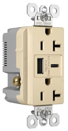 Pass & Seymour TR20USBACI 20A 125V Tamper-Resistant Duplex Receptacle with USB A/C Charging Ports, Ivory
