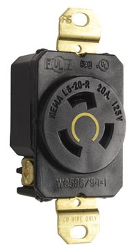 Pass & Seymour L520R 20A 125V NEMA L520 Single Receptacle, 2-Pole 3-Wire, Black