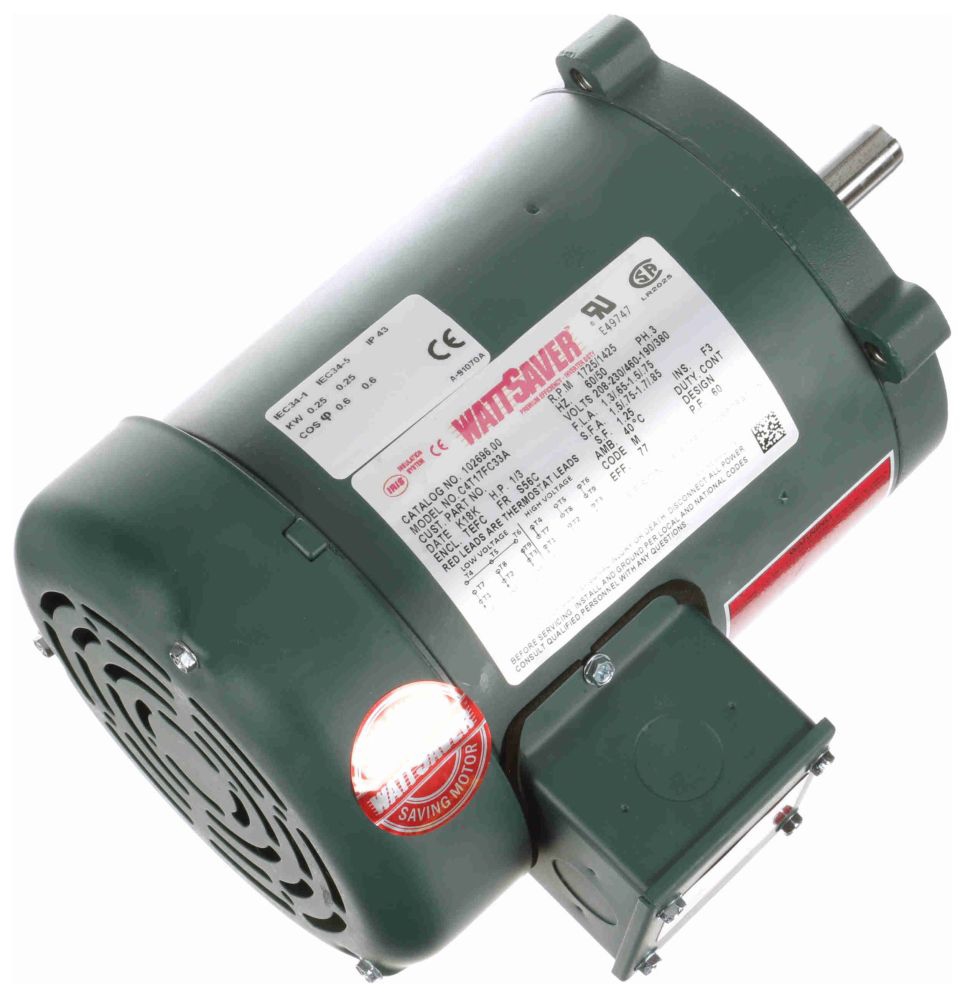 LEE 102696.00 LEE 1/3HP 0 25&0 25kW 1725/1425RPM 48 TEFC 208-230/460V 3PH 60/50HZ CONT NONE 40C 1 25/1 25SF ROUND WATTSAVER C4T17FC33AA A
