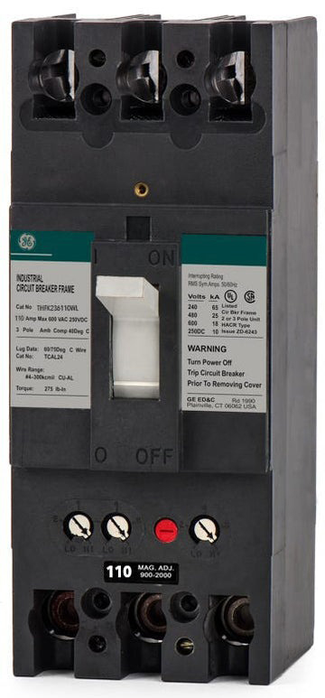 Product image for GE Industrial Solutions THFK236110WL 3-Pole 110 Amp 480 VAC/250 VDC Thermal Magnetic Circuit Breaker with Lugs