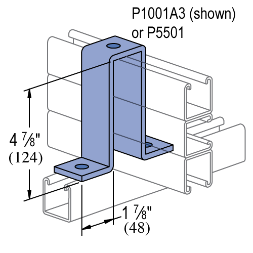 Product image for Unistrut P2473-EG 5-3/8"x 5-1/8"x 1-5/8" 3-Hole "U" Shape Fitting, Use with P1001A3, P5501, Steel, Electrogalvanized