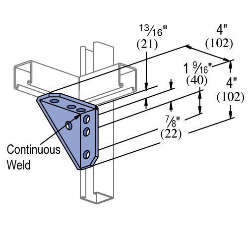 Product image for Unistrut P2484W-GR 1-5/8" x 4" x 4" 7-Hole, 90° Gusseted Fitting with Welded Corner, Steel, Green E-Coat Finish