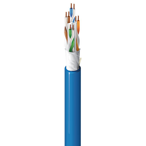 Product image for Belden 10GXW12BLU Category 6A Premise Horizontal Ethernet Cable (500MHz), 4 Pair, 23 AWG Solid Bare Copper Conductors, U/UTP, Riser-CMR, Blue PVC Jacket