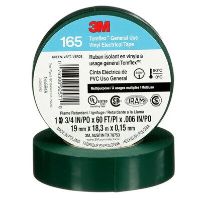 3M 165GR4A 3/4 Inch x 60 Foot Templex Vinyl Electrical Tape, Green, 6 mil (19 mm x 20 m) 3M 165GR4A 3/4 Inch x 60 Foot Templex Vinyl Electrical Tape, Green, 6 mil (19 mm x 20 m)