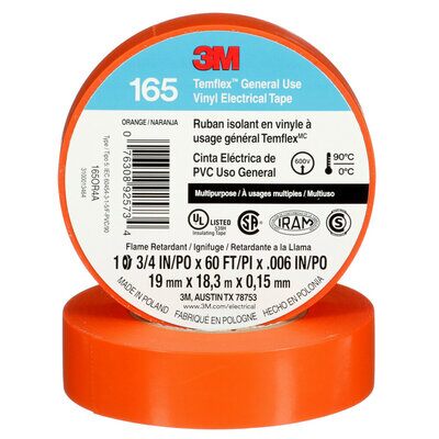 3M 165OR4A 3/4 Inch x 60 Foot Templex Vinyl Electrical Tape, Orange, 6 mil (19 mm x 20 m) 3M 165OR4A 3/4 Inch x 60 Foot Templex Vinyl Electrical Tape, Orange, 6 mil (19 mm x 20 m)