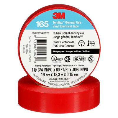 3M 165RD4A 3/4 Inch x 60 Foot Templex Vinyl Electrical Tape, Red, 6 mil (19 mm x 20 m) 3M 165RD4A 3/4 Inch x 60 Foot Templex Vinyl Electrical Tape, Red, 6 mil (19 mm x 20 m)
