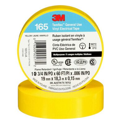 3M 165YL4A TEMFLEX VINYL ELECTRICAL TAPE YELLOW 3/4 IN X 60 FT (19 MM X 18 M) 6 MIL 3M 165YL4A TEMFLEX VINYL ELECTRICAL TAPE YELLOW 3/4 IN X 60 FT (19 MM X 18 M) 6 MIL