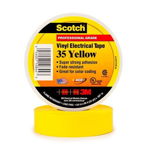 Product image for 3M 7000006096 3/4" x 66ft Scotch Vinyl Color Coding Electrical Tape 35, Yellow (10 rolls/carton - 100 rolls/case)