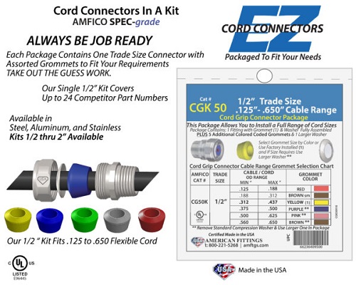 Product image for American Fittings CG50K 1/2" Straight Cord Grip Connector Kit, Range .125-.650, Color Coded Grommets, 7/16" Thread Length, Steel (USA)