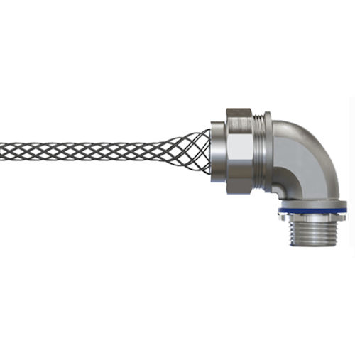 Product image for American Fittings CG100B56090GT 1" 90° Cord Grip Connector w/Wire Mesh Strain Relief, Range .450-.560, 11/16" Thread Length, Steel (USA)