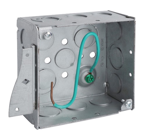 Product image for Crouse-Hinds TP4HPF 4" x 2-1/8" Square Box, 8" Ground Pigtail and Single S-Shape Side Mount Brackets