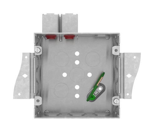 Product image for Crouse-Hinds TP5Q10MPF 4-11/16" Square Box w/ Quick-Lok Connector, 2-1/8" Deep, 8" Ground Pigtail, Double S-Shape Side Mount Brackets