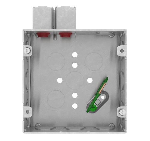 Product image for Crouse-Hinds TP5Q10PF 4-11/16" Square Box w/ Quick-Lok Connector, 2-1/8" Deep, 8" Ground Pigtail