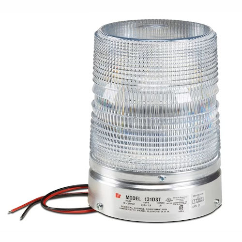 Product image for Federal Signal 131DST-012-024C Starfire® Double Flash Strobe Warning Light, 12-24VDC, 1/2" NPT Pipe Mount, Indoor/Outdoor - Clear Lens