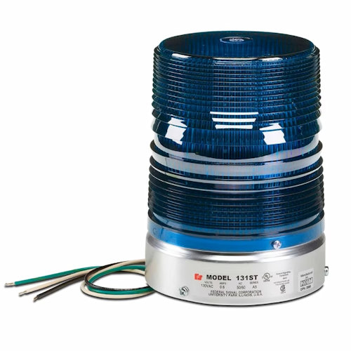 Product image for Federal Signal 131ST-120B Starfire® Single Flash Strobe Warning Light, 120VAC, 1/2" NPT Pipe Mount, Indoor/Outdoor - Blue Lens